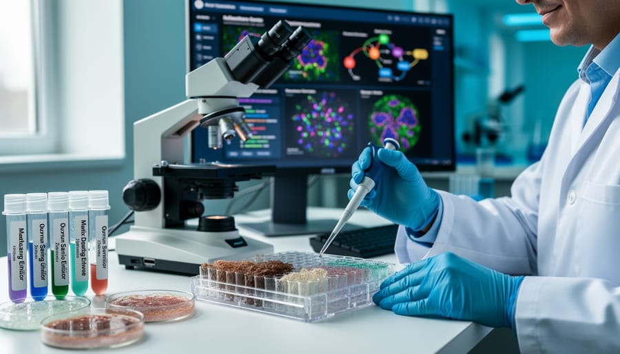 Laboratory researcher testing anti-biofilm therapeutic compounds in multi-well plate