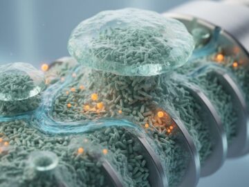 Close-up, photorealistic view of a translucent biofilm EPS matrix forming tower-like structures on a stainless-steel implant, containing rod-shaped bacteria as glowing orange antibiotic particles struggle to enter, with a softly blurred metallic background.
