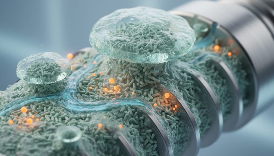 Close-up, photorealistic view of a translucent biofilm EPS matrix forming tower-like structures on a stainless-steel implant, containing rod-shaped bacteria as glowing orange antibiotic particles struggle to enter, with a softly blurred metallic background.