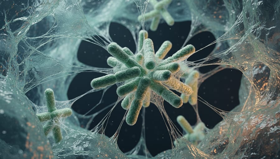 Microscopic view of bacterial cells embedded in biofilm matrix structure