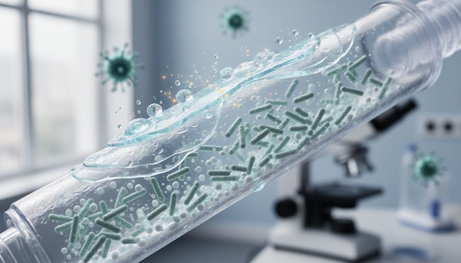 Close-up of bacterial biofilm formation on medical catheter surface