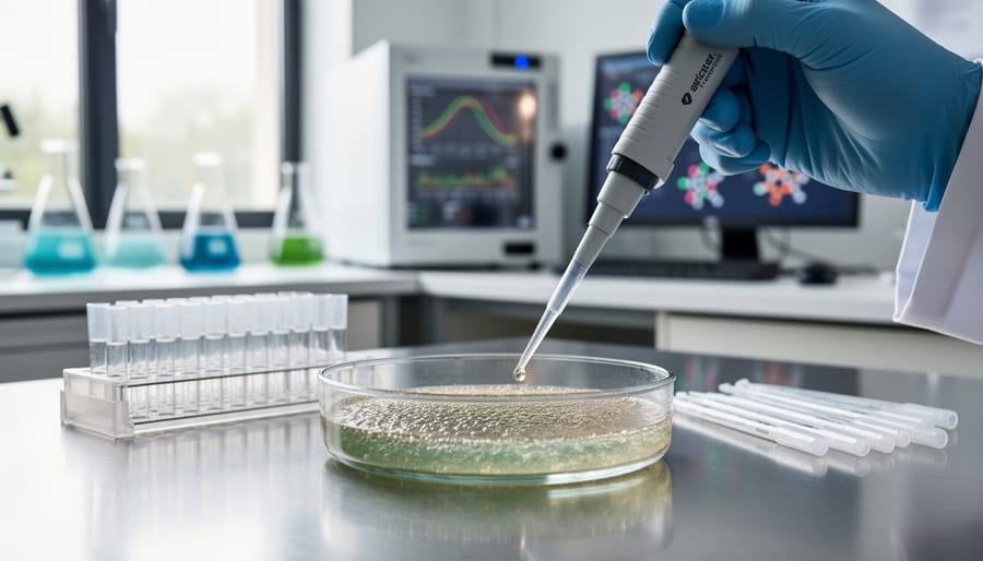 Scientist examining bacterial colonies in petri dishes during biofilm research