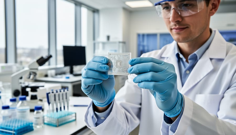 A lab researcher holding a clear microfluidic chip above a stainless workbench in a clean bioscience lab