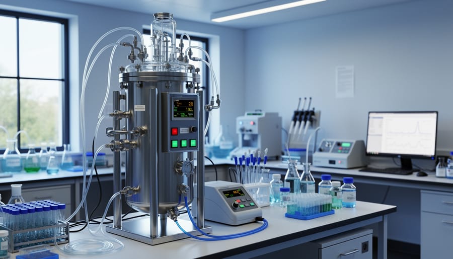Bioreactor tank and stainless-steel lab equipment in a research facility