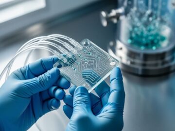“Gloved hands holding a transparent microfluidic chip connected to tubing on a laboratory bench, representing bioengineering development for preventing biofilms.”