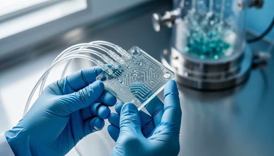 “Gloved hands holding a transparent microfluidic chip connected to tubing on a laboratory bench, representing bioengineering development for preventing biofilms.”