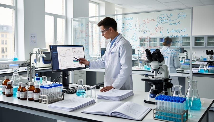 Lab researcher examining a microplate in a clean bioscience laboratory under bright fluorescence lighting