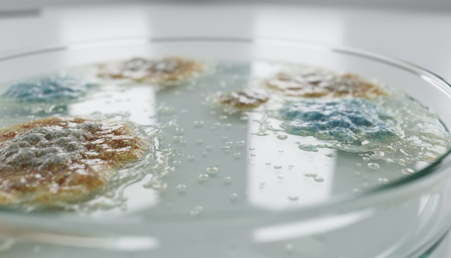 Macro close-up of milky biofilm-like clusters on a transparent Petri dish under laboratory lighting