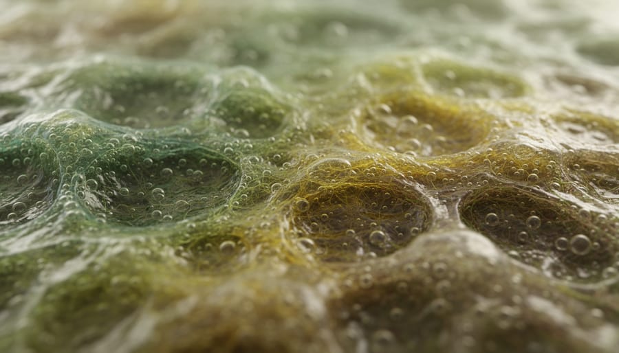 Microscope macro image of a textured microbial biofilm sample on a glass slide