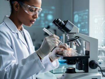 A PhD bioengineering researcher holds a pipette and tissue-engineering scaffold sample in a modern laboratory while inspecting it under a microscope.