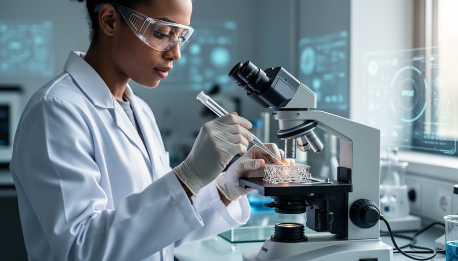 A PhD bioengineering researcher holds a pipette and tissue-engineering scaffold sample in a modern laboratory while inspecting it under a microscope.