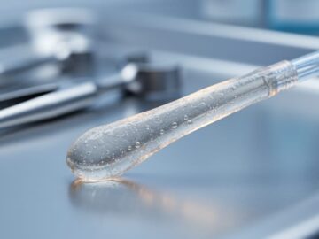 Close-up of a catheter tip in a laboratory with a translucent biofilm-like coating and clean clinical background elements.