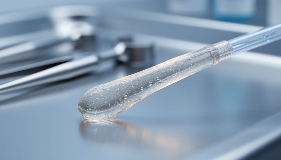 Close-up of a catheter tip in a laboratory with a translucent biofilm-like coating and clean clinical background elements.