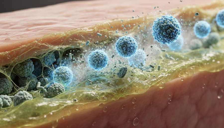 Sterile medical tubing and container setup delivering fluid under clinical lighting for biofilm treatment context