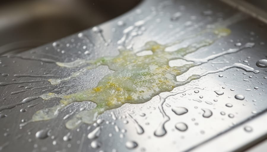 Macro close-up of a stainless-steel surface showing wet biofilm-like residue sheen under lab lighting